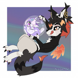 anthro black_body black_fur bubble claws duo ear_piercing ear_ring female fur hair jewelry licking licking_lips looking_at_another male orange_eyes piercing purple_body purple_eyes purple_fur ring ring_(jewelry) ring_piercing simple_background size_difference tail tongue tongue_out white_body wings flightov midnight_flight_(character) yana_(kochack) bat kangaroo macropod mammal marsupial 1:1 hi_res