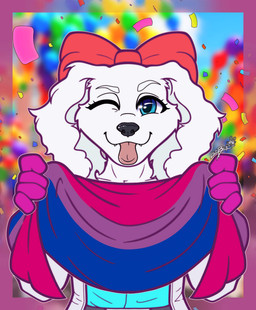 accessory anthro bisexual blue_eyes blurred_background bow_accessory bow_ribbon clothing confetti fangs female fur gloves hair_accessory hair_bow hair_ribbon handwear holding_object lgbt_pride male one_eye_closed pride_color_flag pride_colors ribbons solo teeth tongue tongue_out white_body white_fur wink licibun lgbt_pride_month nintendo star_fox fay_(star_fox) bird_dog canid canine canis domestic_dog hunting_dog mammal spaniel 2026 hi_res signature