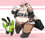 anthro antlers belly blush bottomwear briefcase chubby_cheeks clothed clothing cosplay crop_top crossdressing duo horn hotpants male moobs navel overweight shirt shorts topwear kusosensei mihoyo tamacolle zenless_zone_zero amillion_(zenless_zone_zero) kazusa bangboo deer mammal hi_res