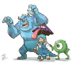 1_eye anthro asian_clothing biped blue_body blue_bottomwear blue_clothing blue_eyes blue_fur blue_hair blue_skirt blue_topwear blue_vest blush blush_stickers bottomwear claw_pose claws clothing east_asian_clothing fangs female footwear fur geta green_body green_eyes green_skin group hair heterochromia japanese_clothing male oil-paper_umbrella open_mouth raised_arms red_eyes shirt simple_background skirt standing tail teeth tongue tongue_out topwear umbrella vest white_background white_clothing white_shirt white_topwear chamaji asian_mythology disney east_asian_mythology japanese_mythology monsters_inc mythology pixar touhou kogasa_tatara mike_wazowski sulley human kasa-obake mammal monster yokai crossover signature