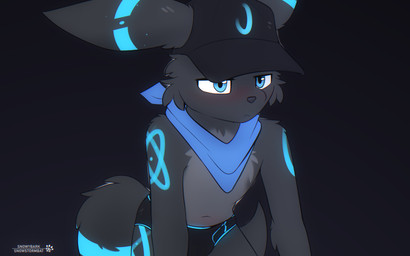 anthro baseball_cap blush briefs clothing gradient_background hat headgear headwear kerchief simple_background underwear snowybark nintendo pokemon orby_(snowstormbat) eeveelution generation_2_pokemon pokemon_(species) umbreon 16:10 absurd_res hi_res widescreen