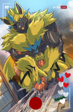 anthro big_penis blue_eyes bodily_fluids city cum cum_on_ground destruction erection excessive_cum excessive_genital_fluids fur genital_fluids genitals heart_symbol kneeling livestream macro male masturbation muscular muscular_male nipples one_eye_closed pecs penis penis_grab tongue tongue_out vein veiny_penis whiskers wink worship yellow_body yellow_fur daru_brek nintendo pokemon felid generation_7_pokemon legendary_pokemon mammal pokemon_(species) zeraora absurd_res hi_res