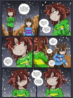 blue_clothing blue_sweater blue_topwear bodily_fluids clothing dialogue duo green_clothing green_sweater green_topwear human_only not_furry pattern_clothing pattern_sweater pattern_topwear red_eyes snow striped_clothing striped_sweater striped_topwear stripes sweat sweater text topwear turtleneck taggen96_(artist) undertale undertale_(series) chara_(undertale) frisk_(undertale) human mammal 3:4 comic english_text hi_res