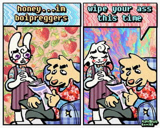2_panel_comic aloha_shirt anthro bottomwear cheek_spots clothing dialogue duo ears_down eyes_closed flip_flops footwear fur half-closed_eyes male narrowed_eyes newspaper overalls pattern_clothing pattern_shirt pattern_topwear pivoted_ears sandals shirt shoes shorts socks socks_with_sandals speech_bubble teeth text tooth_gap topwear white_body white_fur yellow_body yellow_fur rawdawgcomics bingus_(rawdawgcomics) stahli_(rawdawgcomics) bird_dog canid canine canis domestic_dog golden_retriever hunting_dog lagomorph leporid mammal rabbit retriever 5:4 comic english_text