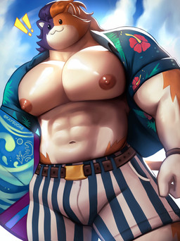 :3 abs anthro areola barazoku belt big_muscles big_pecs black_body black_ears black_eyes black_fur black_hair bottomwear bracelet brown_body brown_ears brown_fur brown_hair brown_tail bulge clothed clothed_anthro clothed_male clothing cloud exclamation_point fur glistening glistening_areola glistening_body glistening_eyes glistening_fur glistening_nipples glistening_pecs hair happy holding_object holding_surfboard jewelry long_hair long_tail looking_away male multicolored_body multicolored_ears multicolored_fur multicolored_hair muscular muscular_anthro muscular_male navel nipples noseless outside pecs shadow shirt shorts sky smile solo surfboard tail tan_body tan_fur toony topwear white_inner_ear kaysuoae epic_games fortnite meowscles purradise_meowscles domestic_cat felid feline felis mammal 2026 detailed hi_res portrait