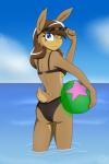 anthro ball beach_ball bikini butt clothing detailed_background eyewear female hair hair_bun inflatable legs_in_water looking_at_viewer looking_back outside partially_submerged pool_toy sea seascape seaside simple_background sky solo submerged_legs sunglasses swimwear two-piece_swimsuit water drake-rex gabbslines beliza_(gabbslines) european_hare hare lagomorph leporid mammal 2:3 absurd_res hi_res