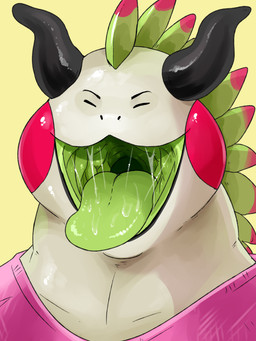 black_horn bodily_fluids clothed clothing eyes_closed front_view glistening glistening_body glistening_tongue green_insides green_tongue horn male mouth_shot multicolored_body open_mouth overweight overweight_male pink_body pink_clothing pink_topwear saliva saliva_on_tongue saliva_string simple_background simple_eyes solo tongue topwear unsigned white_body yellow_background swampjaws species_request 3:4 absurd_res bust_portrait hi_res portrait
