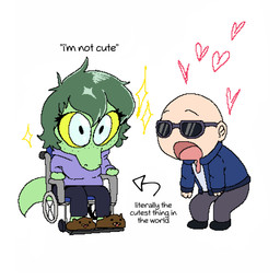 anthro bald big_tail blue_clothing blue_hoodie blue_jacket blue_topwear bottomwear chibi clothing dialogue disability duo eyelashes eyewear female footwear freckled_face freckles green_body green_hair green_scales grey_bottomwear grey_clothing grey_eyes grey_pants hair heart_symbol hoodie jacket light-skinned_male light_body light_skin long_tail male pants paraplegic scales shoes short_hair simple_background sitting slippers snout sunglasses tail text topwear vehicle wheelchair white_background yellow_sclera yonstar_studios cavemanon_studios i_wani_hug_that_gator inco_(iwhtg) olivia_halford spurdo baryonyx dinosaur human mammal prehistoric_species reptile saurischian scalie spinosaurid theropod 1:1 2025 digital_drawing_(artwork) digital_media_(artwork) english_text hi_res pixel_(artwork)