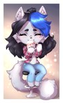 anthro black_claws blue_hair bottomwear cheek_tuft claws clothed clothing container cup denim denim_bottomwear denim_clothing ear_tuft eyes_closed facial_tuft female flannel flannel_shirt fluffy fluffy_tail fur furniture grey_body grey_fur hair handpaw inner_ear_fluff jeans long_tail mug pants paw_tuft paws shirt smile solo stool tail topwear tuft white_clothing white_shirt white_topwear annetpeas dawn_(ask_derpy_cat1) domestic_cat felid feline felis mammal nebelung hi_res