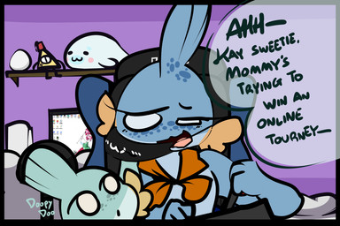3_fingers age_difference anthro black_border blue_body blue_scales blue_spots blush border cheek_fins computer dialogue duo electronics female fin fingers fist front_view gaming_chair head_fin kerchief kerchief_only larger_anthro larger_female looking_up markings mostly_nude no_pupils older_anthro older_female open_mouth orange_body orange_cheeks orange_kerchief orange_scales plushie scales sitting size_difference smaller_anthro smaller_female smile speech_bubble spots spotted_body spotted_scales text white_eyes young young_anthro younger_anthro younger_female thefablednekos nintendo pokemon kay_(thefablednekos) mabel_(thefablednekos) generation_3_pokemon mudkip pokemon_(species) scalie 2021 3:2 absurd_res digital_media_(artwork) english_text hi_res daughter_(lore) mother_(lore) mother_and_child_(lore) mother_and_daughter_(lore) parent_(lore) parent_and_child_(lore) parent_and_daughter_(lore)