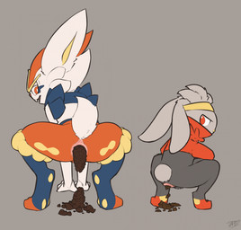 anthro anus balls barely_visible_balls barely_visible_genitalia blue_body blue_fur buckteeth butt cheek_tuft cotton_tail crouching duo ears_down enjoying_the_go facial_tuft feces feces_on_ground feces_pile fur genitals grey_background grey_body grey_fur hand_on_ground head_tuft long_ears looking_back male male_pooping narrowed_eyes orange_body orange_eyes orange_fur pivoted_ears pooping pooping_on_floor pooping_together raised_tail scatplay scut_tail short_tail simple_background tail teeth text tuft white_body white_fur yellow_body yellow_fur jadeder nintendo pokemon cinderace generation_8_pokemon pokemon_(species) raboot artist_name hi_res