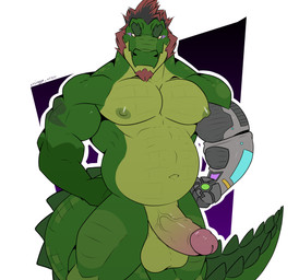 anthro balls barazoku belly big_belly biped erection front_view genitals glans green_body hair humanoid_genitalia humanoid_penis looking_at_viewer male muscular muscular_anthro muscular_male nipples non-mammal_balls non-mammal_nipples nude organs penis simple_background smile solo standing stomach tail teeth vein veiny_penis cringe_croc invader_(invaderthegator) raz_(cringe_croc) alligator alligatorid crocodile crocodilian reptile scalie digital_media_(artwork) hi_res