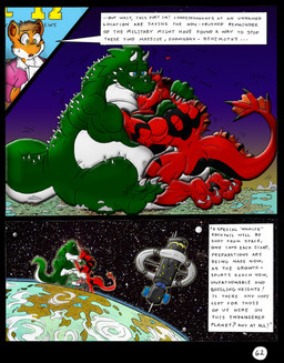 anthro big_breasts body_size_growth breasts dialogue_box female giga group growth_lines huge_breasts landscape_dwarfing macro male musclegut muscular muscular_female muscular_male news news_report onomatopoeia size_transformation sound_effects space spikes spikes_(anatomy) text transformation trio dnapalmhead redsaber third-party_edit mythology canid canine canis domestic_dog dragon mammal mythological_creature mythological_scalie scalie comic english_text