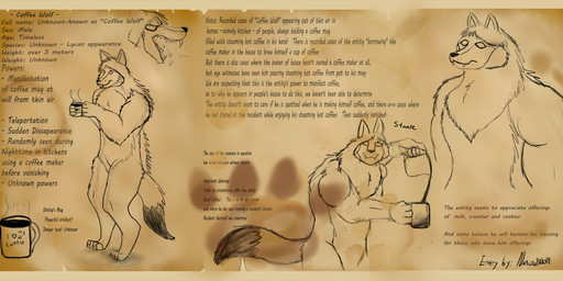 anthro beverage coffee coffee_mug male solo text naturalwolf canid canine canis mammal wolf english_text hi_res model_sheet sketch