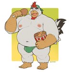 anthro areola avian_caruncle backwards_baseball_cap backwards_hat barefoot baseball_cap beak belly belly_overhang big_belly big_bulge bone border bulge chicken_meat clothed clothing comb_(anatomy) container dewlap_(anatomy) eyebrows feathers feet food fried_chicken fries gradient_background green_background hair hat head_crest headgear headwear holding_container holding_food holding_object huge_belly kemono looking_at_viewer male meat moobs navel nipples non-mammal_nipples open_mouth open_smile overweight overweight_anthro overweight_male plantigrade simple_background smile solo standing thick_arms thick_thighs topless topless_anthro topless_male tuft underwear wattle white_border yellow_background retsito avian bird chicken galliform gallus_(genus) phasianid 2025 hi_res