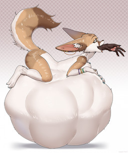 abdominal_bulge anthro anthro_prey arm_in_mouth belly big_belly ear_piercing ear_ring female female_pred huge_belly hyper hyper_belly lying nude on_front oral_vore piercing ring_piercing safe_vore size_difference smaller_pred solo vore expperfect canid canine fennec_fox fox mammal true_fox hi_res