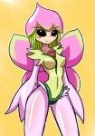 blush breasts female flower_(anatomy) green_hair hair looking_at_viewer nipples simple_background solo unknown_artist bandai_namco digimon digimon_(species) humanoid lilamon