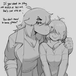 anthro breasts clothing duo female female/female freckles hair shirt text topwear demidoggo deltarune undertale_(series) kris_dreemurr susie_(deltarune) human mammal scalie 2025 english_text greyscale hi_res monochrome