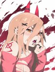 blonde_hair blush breasts cleavage clothed clothing facial_piercing female hair horn lip_piercing lip_ring looking_at_viewer not_furry open_mouth piercing pupils red_horn ring_piercing sharp_teeth simple_background solo teeth torn_clothing unusual_pupils aetherionart chainsaw_man power_(chainsaw_man) demon horned_humanoid humanoid 2023 hi_res