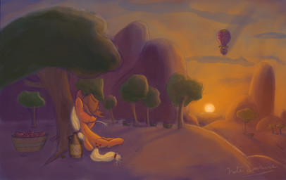 aircraft alcohol apple balloon balloon_support basket beverage clothing cloud container detailed_background duo eyes_closed female feral food fruit hat headgear headwear hot_air_balloon inflatable inflatable_support keg mountain outside plant print_balloon solo_focus spiral_print sunset tail tree vehicle wood naterrang friendship_is_magic hasbro my_little_pony applejack_(mlp) twilight_sparkle_(mlp) earth_pony equid equine horse mammal pony hi_res unavailable_at_source