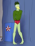 briefs bulge clothed clothing feathers green_body green_feathers green_hair hair hands_behind_back male multicolored_body navel nipples non-mammal_nipples pink_briefs pink_clothing pink_underwear shy solo topless two_tone_body underwear underwear_only fuze fakemon avian 3:4 hi_res