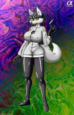 anthro big_breasts black_hair breasts clothing coat eyewear female footwear fur glasses gloves green_eyes hair handwear hazard_symbol lab_coat leggings legwear liquid shoes solo symbol thick_thighs topwear vial white_body white_fur viroveteruscy black_circus wilhelmina_schleiermacher canid canine fox mammal 2025 absurd_res digital_media_(artwork) hi_res