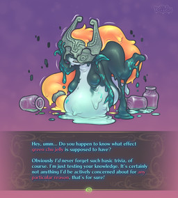 armor belly big_belly bottle breasts clothing container dialogue featureless_breasts female fused_shadow goo_transformation hair headgear headgear_only headwear helmet helmet_only humanoid_pointy_ears melting not_furry pointy_ears purple_background purple_body simple_background solo text transformation keffotin nintendo the_legend_of_zelda twilight_princess midna goo_creature humanoid twili 2022 digital_media_(artwork) english_text hi_res