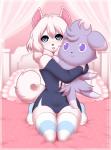 anthro bed blue_eyes clothed clothing cuddling female fluffy fur furniture legwear off_shoulder plushie solo stockings white_body white_fur re-sublimity-kun nintendo pokemon pomeraninu canid canine canis domestic_dog espurr generation_6_pokemon mammal pokemon_(species) pomeranian spitz digital_media_(artwork) pink_theme shaded male_(lore)