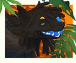 anthro black_body black_fur black_hair black_lips black_nose blue_sclera blue_tongue bodily_fluids dreadlocks drooling fangs fur hair leaf licking licking_lips licking_own_lips lips looking_at_viewer male open_mouth orange_background red_eyes saliva simple_background solo teeth thick_bottom_lip tongue tongue_out white_background yellow_eyes wolfwireless wolfwireless_(character) canid canine canis mammal wolf hi_res