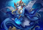 blonde_hair blue_body blue_eyes featureless_crotch fur hair looking_at_viewer male scarf solo split_form underwater water white_body white_fur nurinaki bandai_namco mythology tales_of_(series) tales_of_rebirth shaorune canid canine dragon mammal marine merfolk mythological_creature mythological_scalie scalie blue_theme