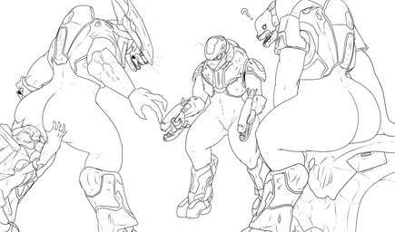 annoyed anthro armor big_butt blush bottomless bubble_butt butt butt_grab clothed clothed_male clothing featureless_crotch female group hand_on_butt male question_mark size_difference thick_thighs methados halo_(series) microsoft xbox_game_studios alien humanoid sangheili unggoy absurd_res digital_drawing_(artwork) digital_media_(artwork) hi_res line_art monochrome