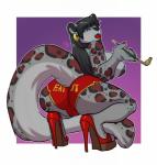 anthro big_breasts biped breasts butt camel_toe clothed clothing crouching female footwear high_heels lips looking_back makeup mature_anthro mature_female shoes smoking_pipe solo thick_bottom_lip topless lavenderpandy dj50 sheila_(dj50) felid mammal pantherine snow_leopard 2019 hi_res