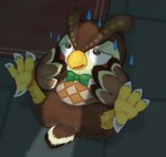 blush bodily_fluids bow_tie brown_body claws feet feet_up green_bow_tie lying male nervous on_back solo sweat talons toe_claws toes neocerapaima animal_crossing nintendo blathers_(animal_crossing) avian bird owl 2021