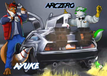 anthro barefoot black_claws blue_bottomwear blue_clothing blue_eyes blue_pants blue_topwear bottomwear claws clothed clothing duo eyewear feet fire front_view fur gloves goggles goggles_around_neck green_eyes green_hair hair handwear heterochromia male male_anthro multicolored_hair orange_body orange_fur pants red_clothing red_eyes red_hair red_topwear red_vest simple_background standing topwear two_tone_hair vest white_body white_clothing white_fur white_hair white_topwear yellow_clothing yellow_gloves yellow_handwear hufnaar back_to_the_future delorean canid canine mammal 2016 dated signature