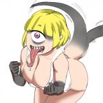1:1 1_eye 5_fingers annie_(anaid) blonde_hair bodily_fluids bottomless breasts cleavage clothed clothing cyclops dipstick_tail drooling female fingers front_view hair high-angle_view humanoid light_body light_skin long_tail long_tongue markings monster_girl_(genre) motion_lines multicolored_body multicolored_skin multicolored_tail not_furry open_mouth open_smile pale_skin partially_clothed pink_eyes pink_tongue pomki saliva sharp_teeth shirt simple_background skullovensfw smile solo tail tail_markings tail_motion tailclops_(race) tailclops_(species) tailwag teeth tongue tongue_out topwear two_tone_body two_tone_skin white_background