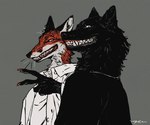 anthro biped black_body black_fur duo fur gesture hand_gesture looking_at_viewer male orange_body orange_fur slim_anthro slim_male smile smiling_at_viewer v_sign white_body white_eyes white_fur mucknagabe canid canine canis fox mammal wolf 2024