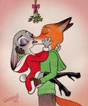 2017 anthro anthro_on_anthro blush canid canine carrying_another clothed clothing disney dubstepina duo eyes_closed female flat_chested fox fully_clothed hi_res judy_hopps kissing lagomorph leporid male male/female mammal mistletoe nick_wilde plant rabbit red_fox signature simple_background standing true_fox zootopia
