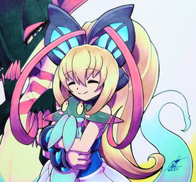 ambiguous_gender blonde_hair blue_eyes claws eyelashes eyes_closed female feral green_body group hair hug simple_background tail trio yellow_sclera 025aki azure_striker_gunvolt nintendo pokemon lumen_(gunvolt) dragapult dreepy generation_8_pokemon human mammal pokemon_(species) scalie 2025 absurd_res character_request dated hi_res signature