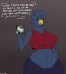 anthro big_breasts breasts clothed clothing curvy_figure dialogue female huge_breasts midriff non-mammal_breasts pubes shirt solo text thick_thighs topwear voluptuous wide_hips elektr0 femlek_(elektr0) topaz_(elektr0) avian bird absurd_res english_text hi_res