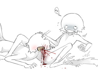 4_toes 5_fingers ambiguous_gender ambiguous_humanoid andromorph andromorph_humanoid bite blood blood_drip blood_splatter blush bodily_fluids dripping drooling duo eyeless feet fingers fur genital_bite genital_mutilation genital_torture genitals gore gore_focus hand_on_another's_head hand_on_head intersex intersex_humanoid looking_up mutilation nude_humanoid pain saliva spread_legs spreading tail teeth toes vulva white_body white_fur white_tail yellow_teeth jejejunum fraid_(species) humanoid 2025 digital_drawing_(artwork) digital_media_(artwork)