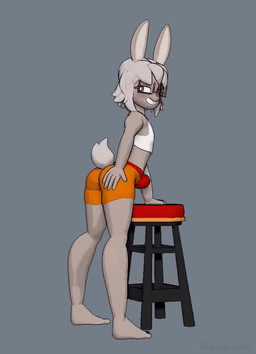 4_toes anthro barefoot bottomwear bulge butt clothing crop_top eyelashes eyewear feet femboy fur furniture glasses grey_body grey_fur grey_hair hair hand_on_butt leaning leaning_forward looking_back male plantigrade rotating shirt short_tail shorts smile smug solo standing stool tail toes topwear white_clothing white_shirt white_topwear nazteroids femboy_hooters mr_grayson lagomorph leporid mammal rabbit 3d_(artwork) 3d_animation animated digital_media_(artwork) no_sound short_playtime turntable_(animation) video