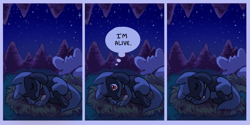 3_panel_comic ambiguous_gender anthro black_text blue_body blue_tail dialogue duo eyes_closed feral grass hay hay_bale inner_monologue night outside paws plant pupils red_eyes sky sleeping star tail text thinking white_sclera flavia-elric nintendo pokemon pokemon_mystery_dungeon spike_chunsoft derek_(flavia-elric) shen_(flavia-elric) generation_4_pokemon pokemon_(species) riolu shinx 2025 2:1 comic english_text hi_res