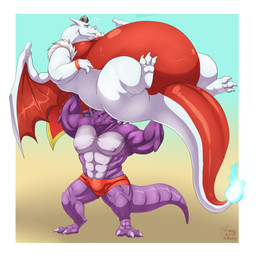 3_toes abs ambiguous_gender anthro belly biceps big_belly big_muscles border claws clothed clothing crown crown_only digitigrade duo feet feral finger_claws fire flaming_tail forearms headgear headgear_only holding_character huge_belly huge_muscles lifting_another light male membrane_(anatomy) membranous_wings moobs muscular muscular_male nipples obese obese_ambiguous obese_feral overweight overweight_ambiguous overweight_feral pecs purple_body purple_eyes quads red_body simple_background standing tail thick_arms thick_tail thick_thighs toe_claws toes topless topless_male white_body white_border wide_crotch wings biglovealicia nintendo pokemon drake_(drake135) charizard generation_1_pokemon nidoking pokemon_(species) 1:1 2018 absurd_res cel_shading digital_drawing_(artwork) digital_media_(artwork) full-length_portrait hi_res lighting portrait shaded signature