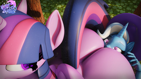 1_horn anthro anthrofied big_butt blue_body blue_nails butt clover_(plant) colored_nails duo eyebrows eyelashes facesitting female female/female glistening glistening_body glowing glowing_eyes hair high-angle_view horn intraspecies looking_at_another looking_at_partner looking_back looking_back_at_another looking_back_at_partner nails nude outdoor_nudity outside plant purple_body purple_eyes purple_hair purple_tail sitting sitting_on_another tail tree white_eyebrows white_hair wide_hips geodat friendship_is_magic hasbro my_little_pony mythology trixie_(mlp) twilight_sparkle_(mlp) equid equine mammal mythological_creature mythological_equine unicorn 16:9 2025 3d_(artwork) 4k absurd_res digital_media_(artwork) hi_res watermark widescreen