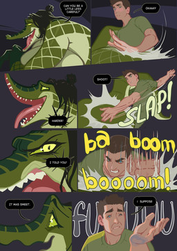 anthro breasts clothed clothing dialogue duo female genitals hair harder interspecies lips male male/female navel nipples scales sex smacking_ass tail text smolevn guy_randoms sgt._bertha_gator alligator alligatorid crocodilian human mammal reptile scalie comic digital_media_(artwork) hi_res