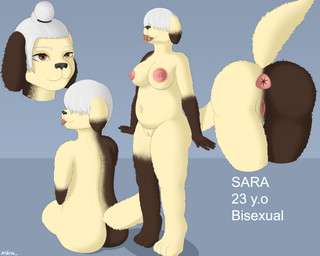 anthro anus areola belly big_areola big_belly big_breasts big_butt big_navel big_nipples black_nose breasts brown_body brown_fur butt camel_toe clitoris female fur genitals hair huge_belly huge_breasts multicolored_body multicolored_fur nipples nude open_mouth overweight overweight_female pink_anus pink_areola pink_nipples pink_vulva simple_background sitting slightly_chubby smile solo tail text thick_thighs tongue tongue_out triangle_anus two_tone_body two_tone_fur vulva white_hair wide_hips yellow_body yellow_fur nibisu sara_(nibisu) canid canine canis domestic_dog mammal 5:4 absurd_res hi_res model_sheet