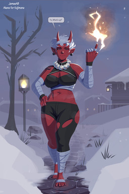arm_tattoo arm_wraps beads bottomwear breasts clothing crop_top curved_horn elemental_manipulation feet female fire fire_manipulation foot_wraps freckles hair half-closed_eyes horn humanoid_pointy_ears leg_wraps narrowed_eyes pants pointy_ears prayer_beads red_body red_skin shirt smile solo tattoo topwear torn_bottomwear torn_clothing torn_pants white_hair wraps jamesab demon demon_humanoid humanoid 2:3 hi_res