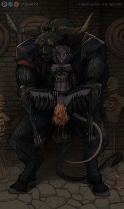anthro armor balls black_body black_fur blush bodily_fluids bound breasts claws clothing cum cum_drip cum_in_vagina cum_inside dripping duo exposed_breasts female forced fur genital_fluids genitals green_eyes held_up hooves horn interspecies latex male male/female patreon_logo paws penetration questionable_consent rape red_eyes sex size_difference spread_legs spreading tail text torn_clothing vaginal vaginal_penetration linaswalaf patreon warhammer_(franchise) beastman_(warhammer) bovid caprine goat mammal rodent skaven english_text hi_res