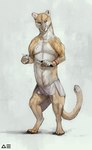 bottomwear clothed clothing feral fur knife loincloth loincloth_only looking_at_viewer male muscular muscular_feral on_hind_legs simple_background solo standing_upright tan_body tan_fur topless yellow_eyes cosmiclife hunter_(cosmiclife) cougar felid feline lion mammal pantherine absurd_res hi_res