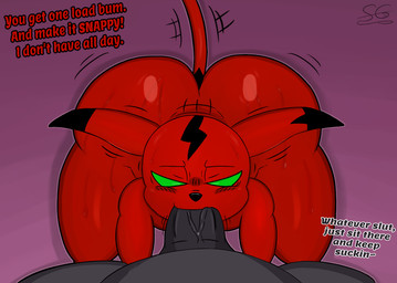 anthro big_butt big_penis black_eyes blush blush_lines bodily_fluids bubble_butt butt color_coded color_coded_text command dialogue don't_stop duo ears_down faceless_character faceless_male fellatio first_person_view genitals green_eyes heart_symbol kneeling looking_at_viewer looking_up male male/male male_pov markings motion_lines on_ground oral outline penetration penile penile_penetration penis pivoted_ears pov_blowjob raised_tail red_body sex sexist_slur shortstack shortstack_male simple_background sitting size_difference slur small_waist sweat tail tail_markings talking_to_another talking_to_partner text thick_penis thin_tail vein veiny_penis wide_hips sillygoose denum_(sillygoose) demon humanoid imp 2022 digital_media_(artwork) english_text